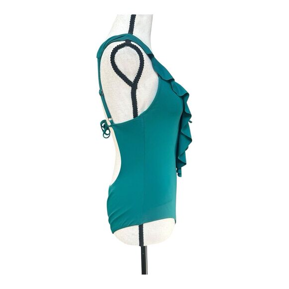 Becca Teal One Piece Swimsuit M Deep V Ruffle Front & Open Back Adjustable Tie - Picture 2 of 7